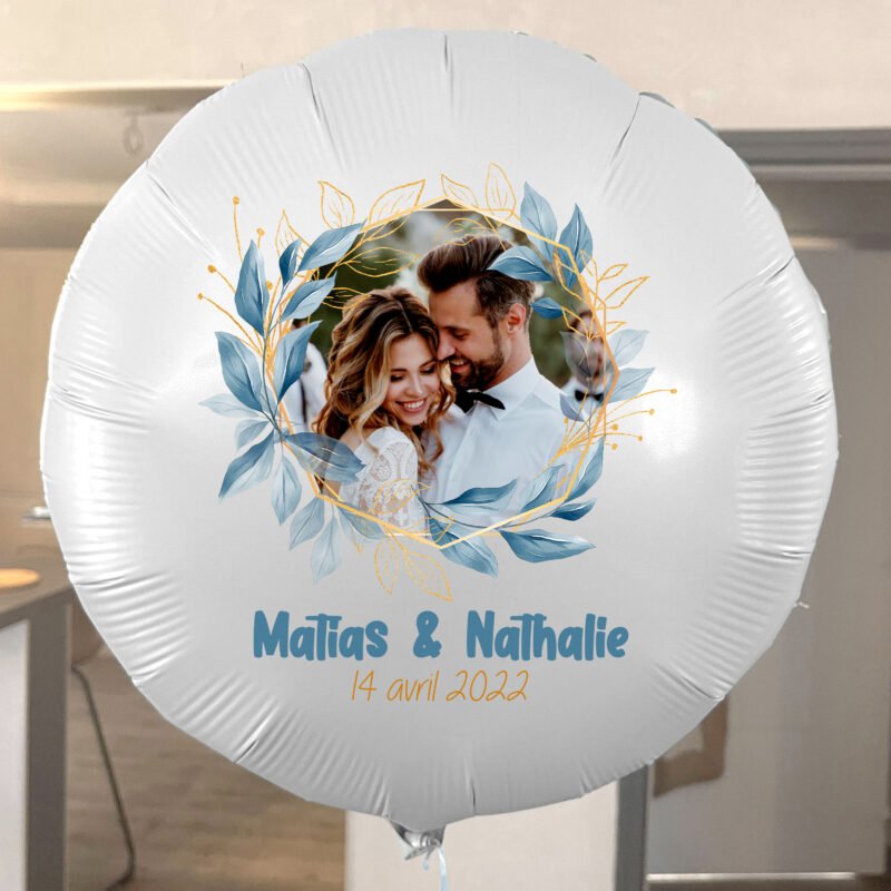 Ballon Mariage Personnalisé Bleu Et Or Thème Feuillage Bohème – Image 2