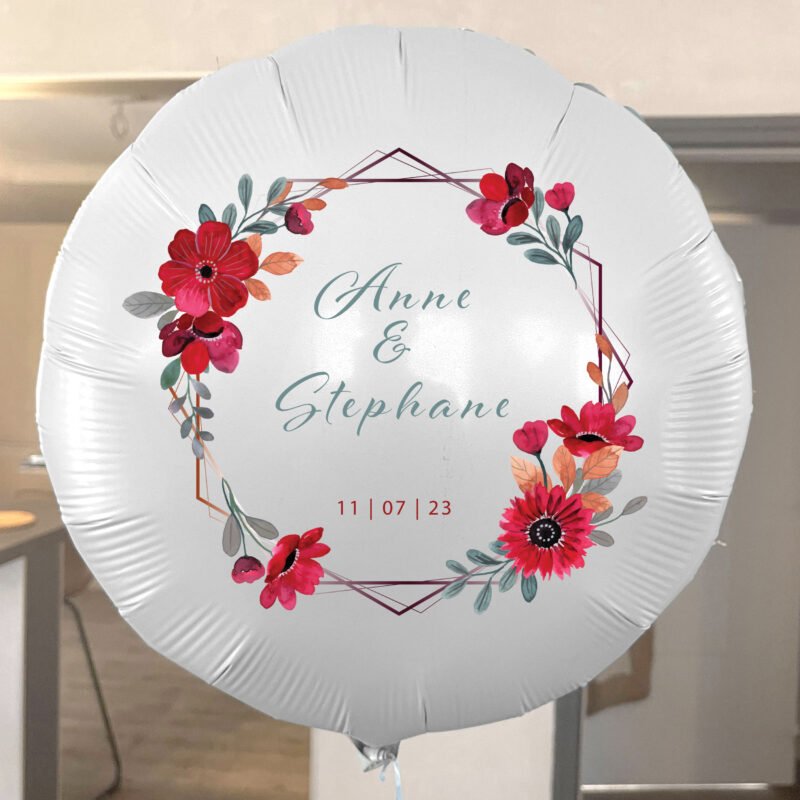 Ballon Mariage Personnalisé Rouge Thème Fleurs Bohème – Image 2