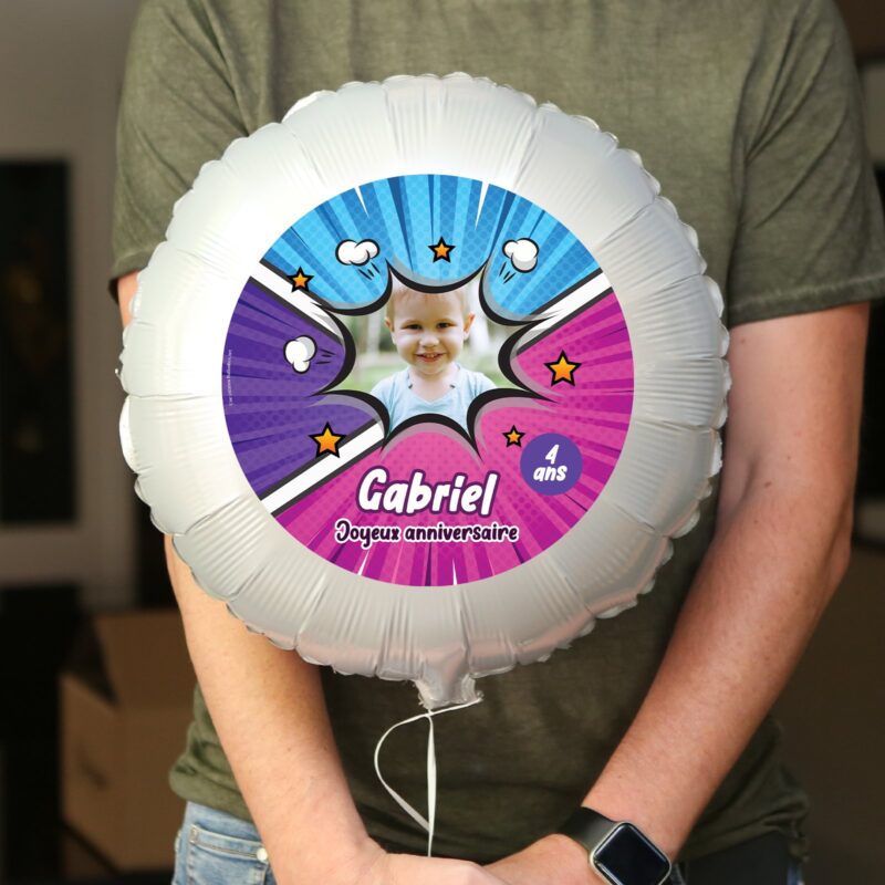 Ballon anniversaire violet et bleu thème supers héros - Ballon aluminium 46cm – Image 2