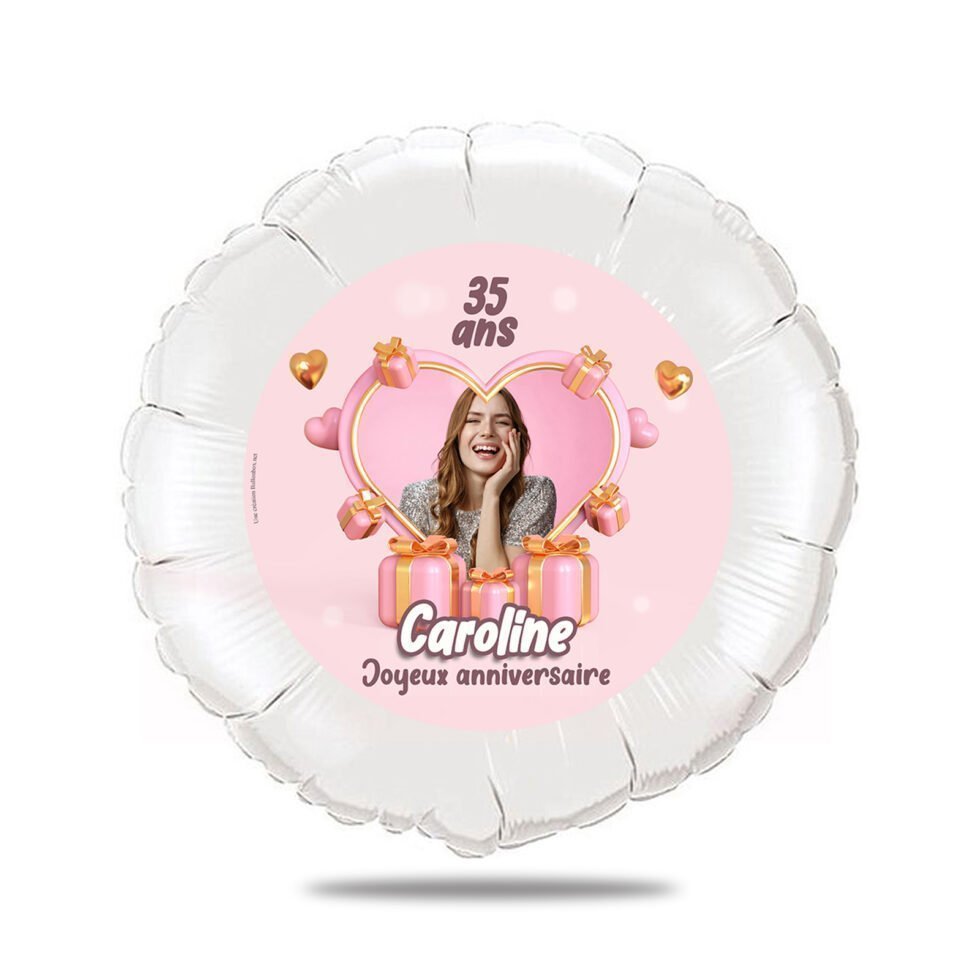 Ballon anniversaire rose thème coeurs et cadeaux - Ballon aluminium 46cm